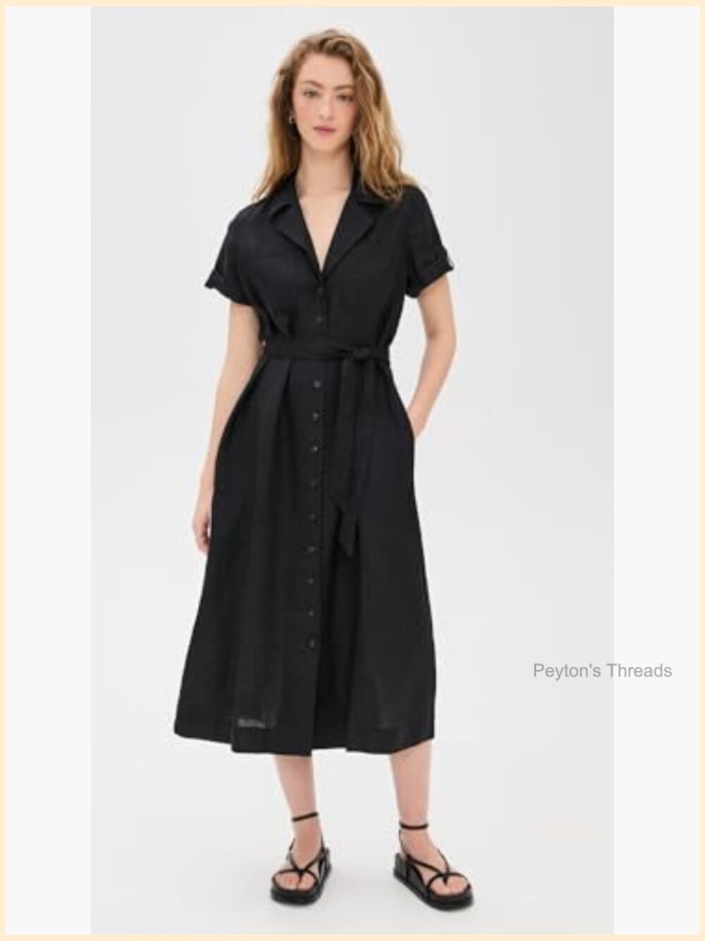 Linen Midi Dress with Collared Neck and Button Placket - Picture 2 of 6